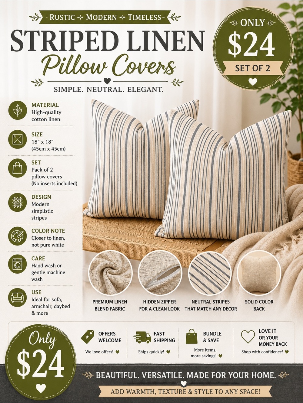 Farmhouse Striped Grey Linen Throw Pillow Covers 18x18 Set